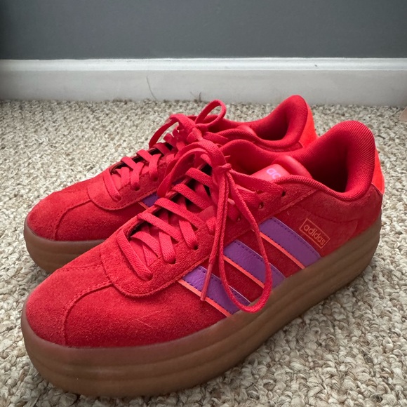 Adidas Red Sneakers with Purple Stripes - Picture 2 of 6